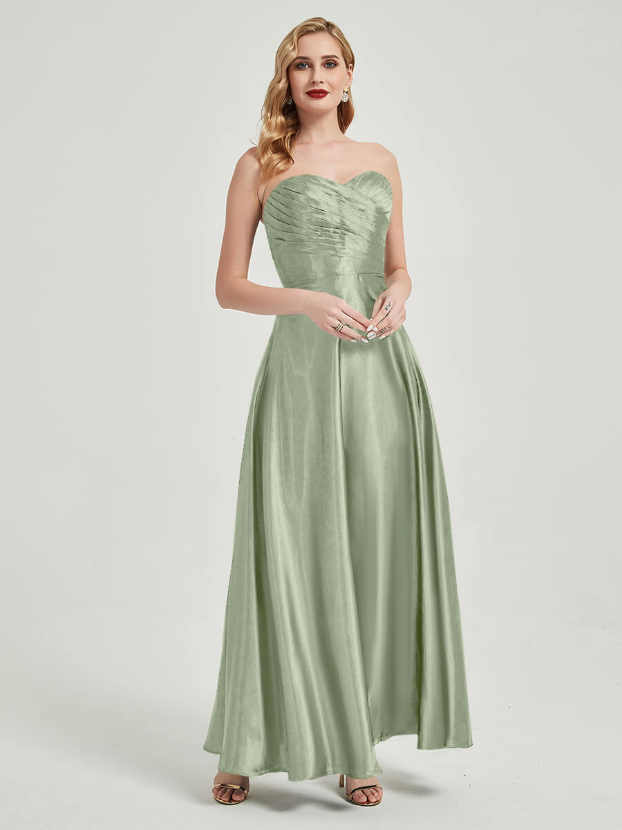 Sage Green Satin Sweetheart Strapless Floor Length Pleated Bridesmaid