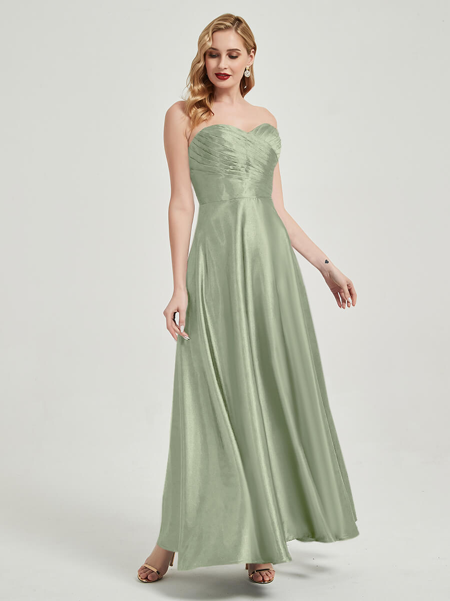 Sage Green Satin Sweetheart Strapless Floor Length Pleated Bridesmaid