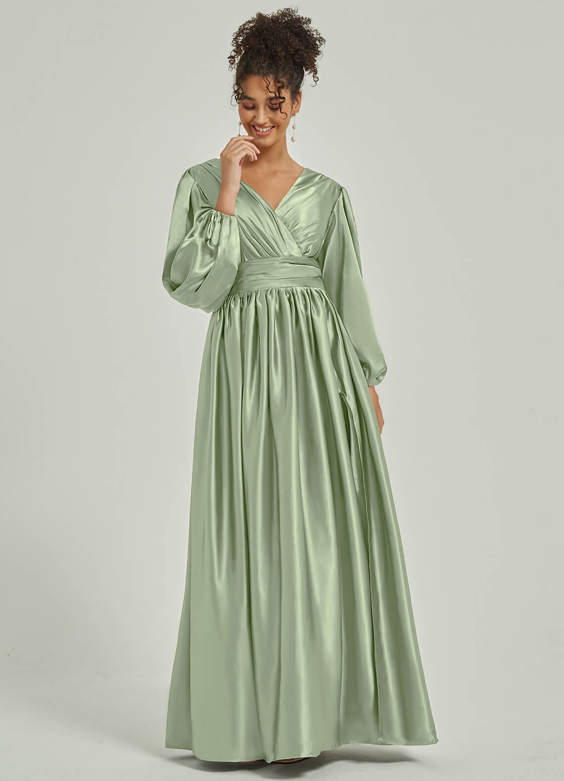 sage green satin dress with sleeves Sage Satin Bridesmaid Dress - Cutout Maxi Dress - A-line Gown