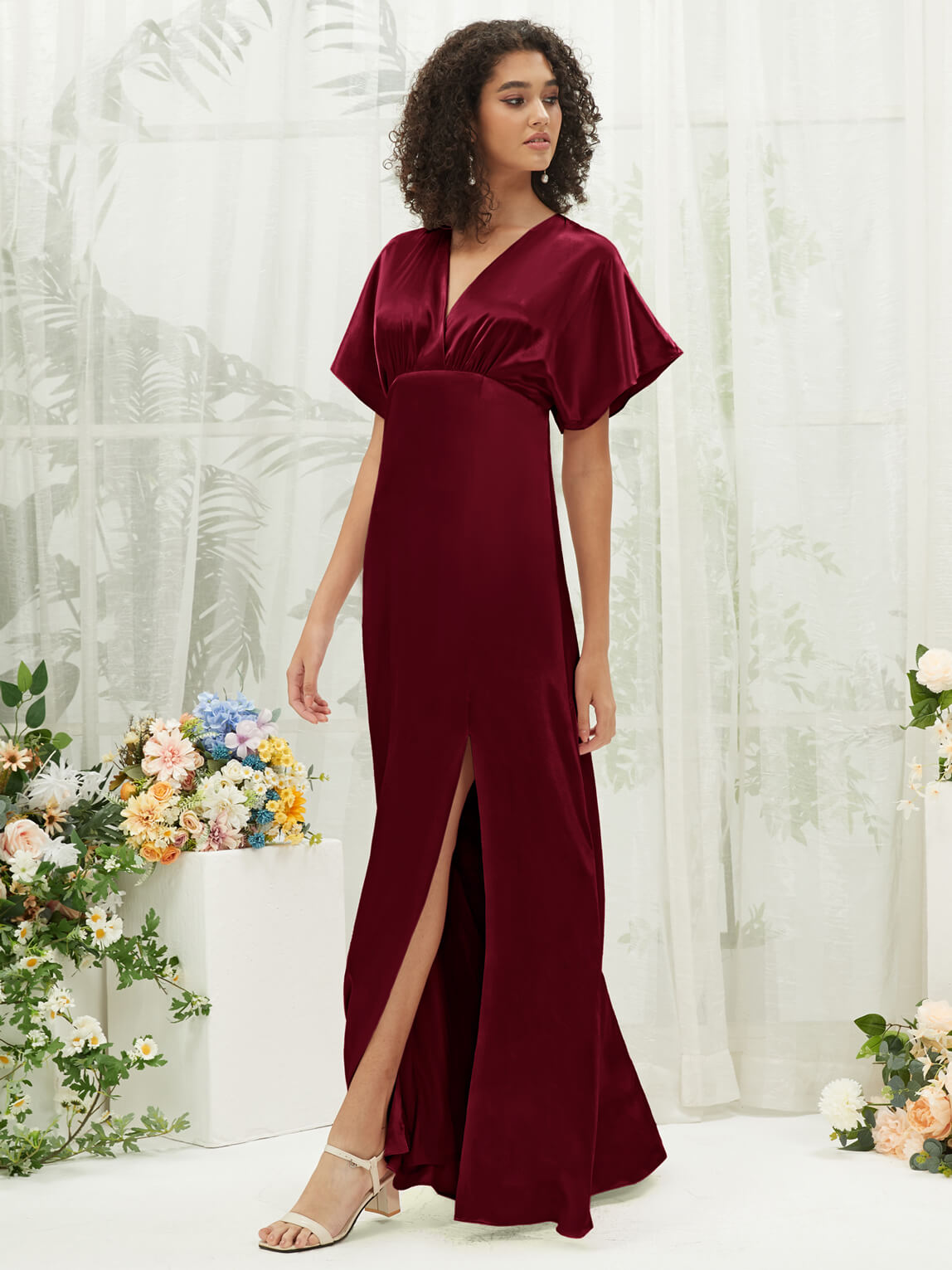 Burgundy V-Neck Short Sleeve Satin Maxi Bridesmaid Dress With Slit Change Color From Swatches / L / N12