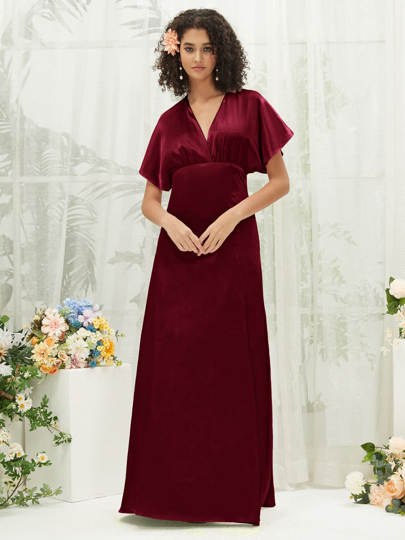Burgundy V-Neck Short Sleeve Satin Maxi Bridesmaid Dress With Slit – NZ Bridal Burgundy V-Neck Short Sleeve Satin Maxi Bridesmaid Dress With Slit – NZ Bridal