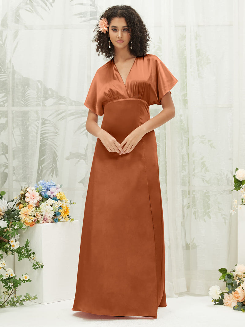 Cooper V-Neck Short Sleeve Satin Maxi Bridesmaid Dress With Slit NZ Bridal Cooper V-Neck Short Sleeve Satin Maxi Bridesmaid Dress With Slit NZ Bridal
