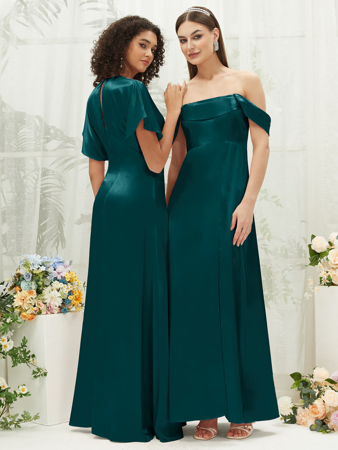 Peacock V-Neck Short Sleeve Satin Maxi Bridesmaid Dress With Slit Change Color From Swatches / XS / N0-2 Peacock V-Neck Short Sleeve Satin Maxi Bridesmaid Dress With Slit Change Color From Swatches / XS / N0-2