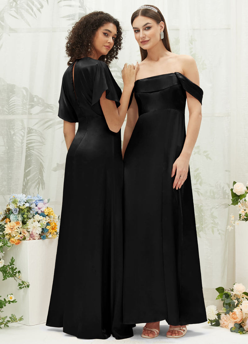 Black V-Neck Short Sleeve Satin Maxi Bridesmaid Dress With Slit NZ Bridal Black V-Neck Short Sleeve Satin Maxi Bridesmaid Dress With Slit NZ Bridal