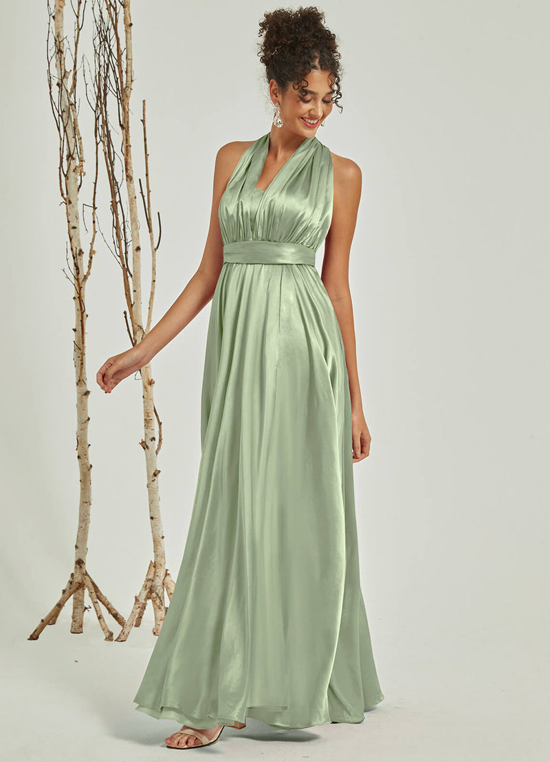Sage Green Satin Convertible Bridesmaid Dress Multi Ways Wrap A-Line Gowns Change Color From Swatches / XL / N14 Sage Green Satin Convertible Bridesmaid Dress Multi Ways Wrap A-Line Gowns Change Color From Swatches / XL / N14