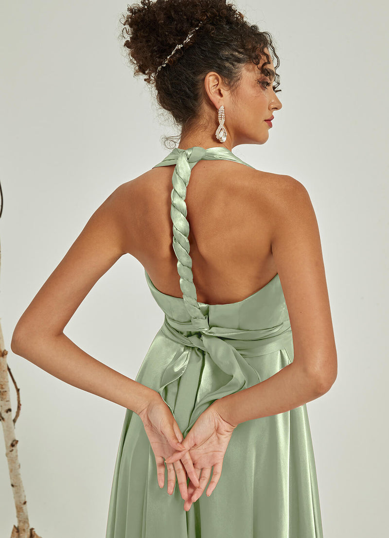 Sage Green Satin Convertible Bridesmaid Dress Multi Ways Wrap A-Line G NZ Bridal Sage Green Satin Convertible Bridesmaid Dress Multi Ways Wrap A-Line G NZ Bridal