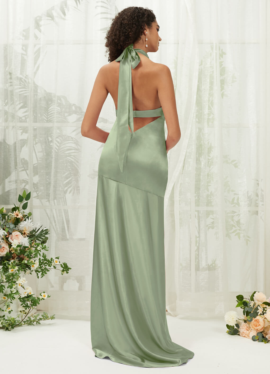 Sage Green Satin Halter Neck Sleeveless Maxi Bridesmaid Dress With Sli