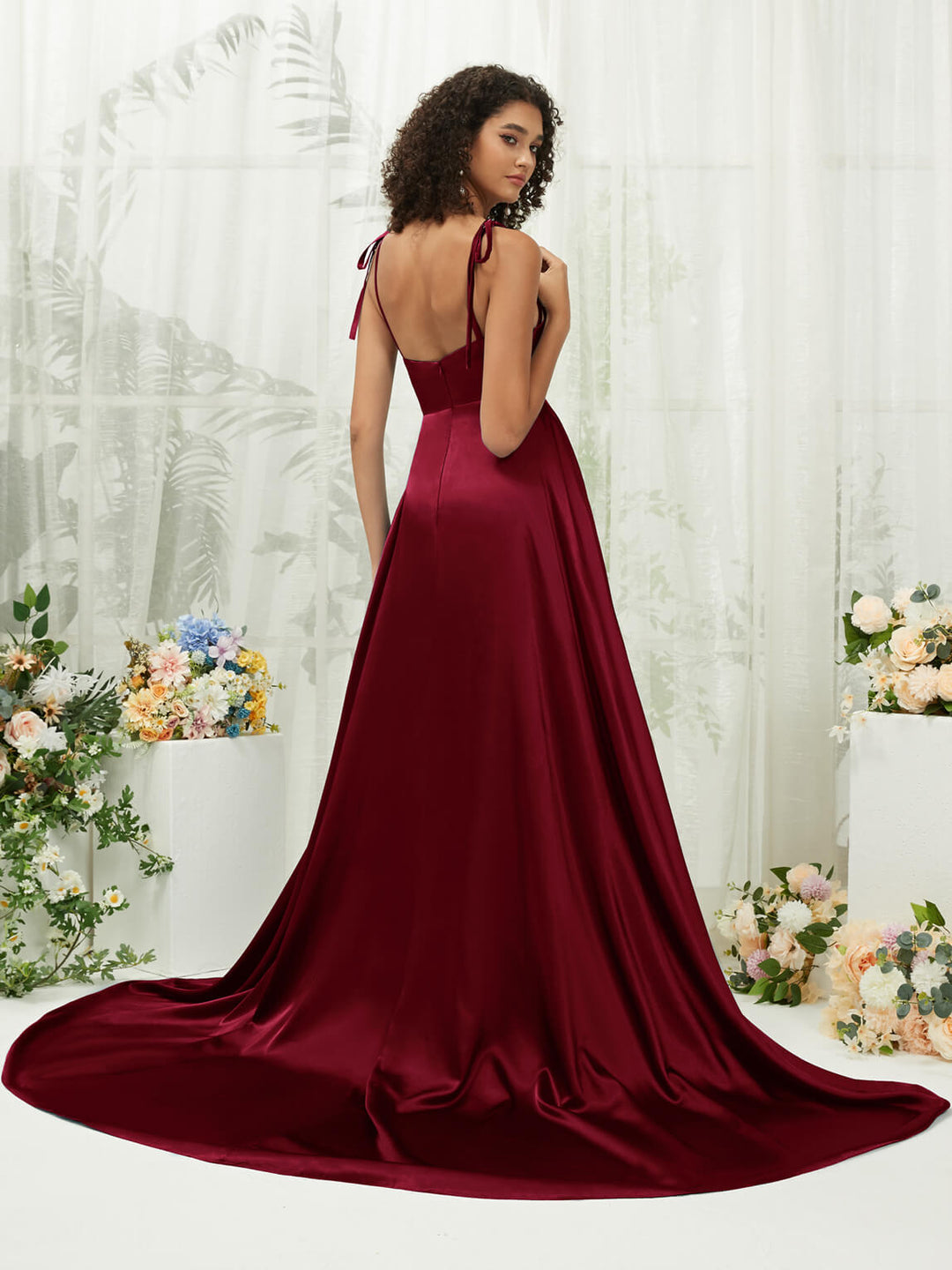 burgundy bridesmaid dresses nz Round Neck Tulle Floor Length Burgundy Bridesmaid Dress, Burgundy / 4