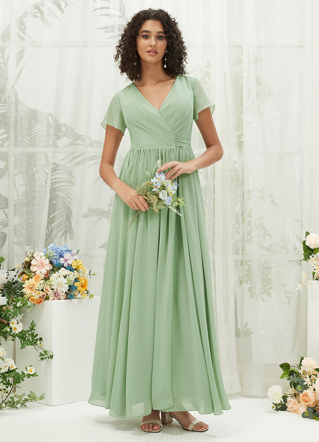 Chiffon Short Sleeve V Neck Wrap Pleated Floor Length Bridesmaid Dress Harow