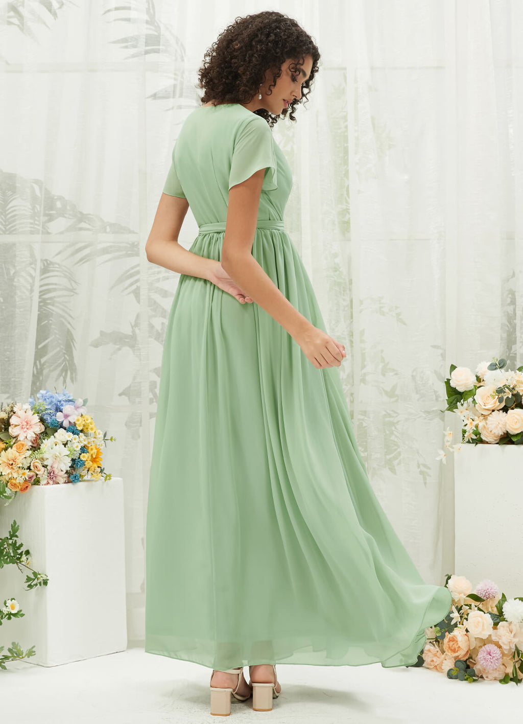 Chiffon Short Sleeve V Neck Wrap Pleated Floor Length Bridesmaid Dress Harow