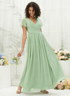 Sage Green Chiffon Short Sleeve V Neck Wrap Pleated Floor Length Bridesmaid Dress Harow