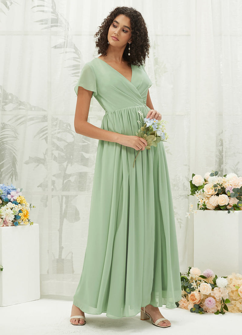 Sage Green Chiffon Short Sleeve V Neck Wrap Pleated Floor Length Bridesmaid Dress Harow for Women