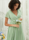Sage Green Chiffon Short Sleeve V Neck Wrap Pleated Floor Length Bridesmaid Dress Harow for Women From NZ Bridal