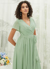 Sage Green Chiffon Short Sleeve V Neck Wrap Pleated Floor Length Bridesmaid Dress Harow for Women from NZ Bridal