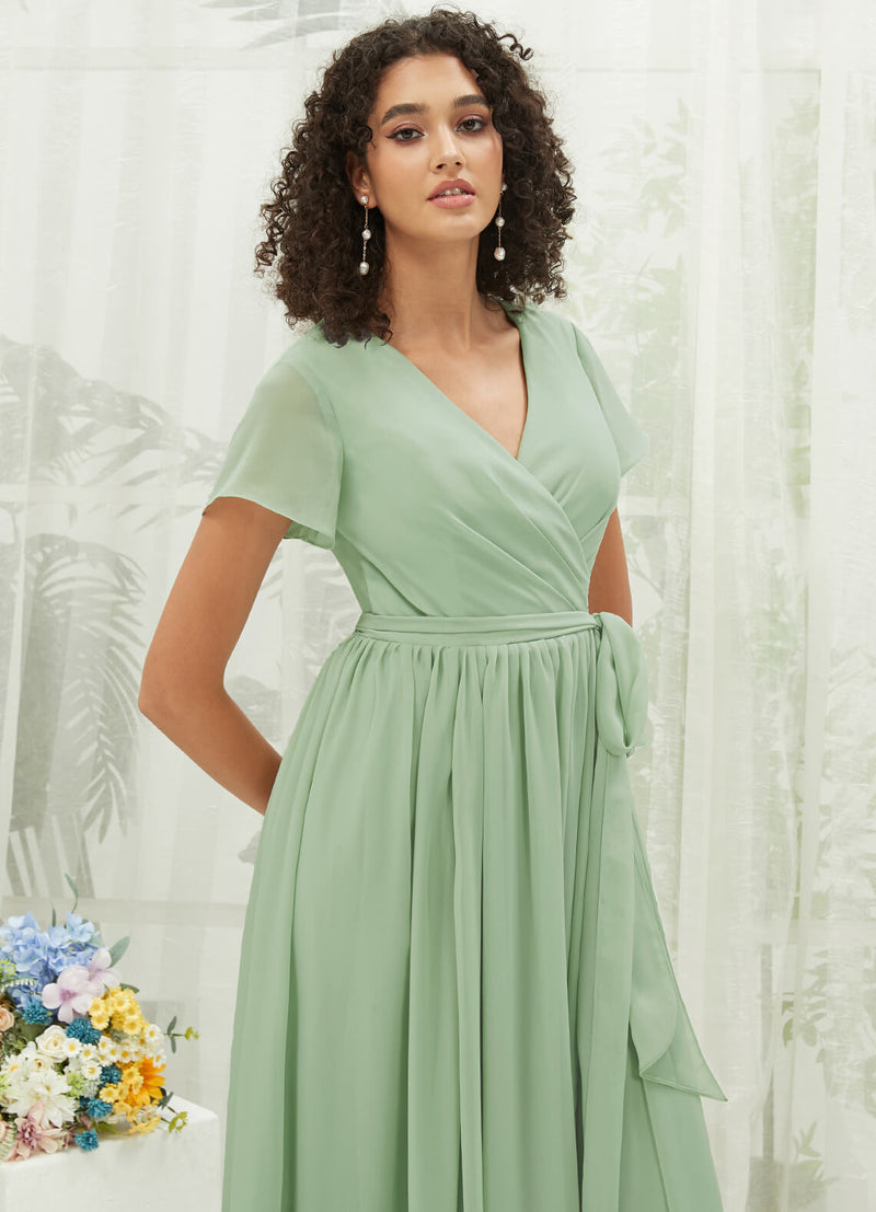 Sage Green Chiffon Short Sleeve V-Neck Wrap Pleated Bridesmaid Dress NZ Bridal Sage Green Chiffon Short Sleeve V-Neck Wrap Pleated Bridesmaid Dress NZ Bridal