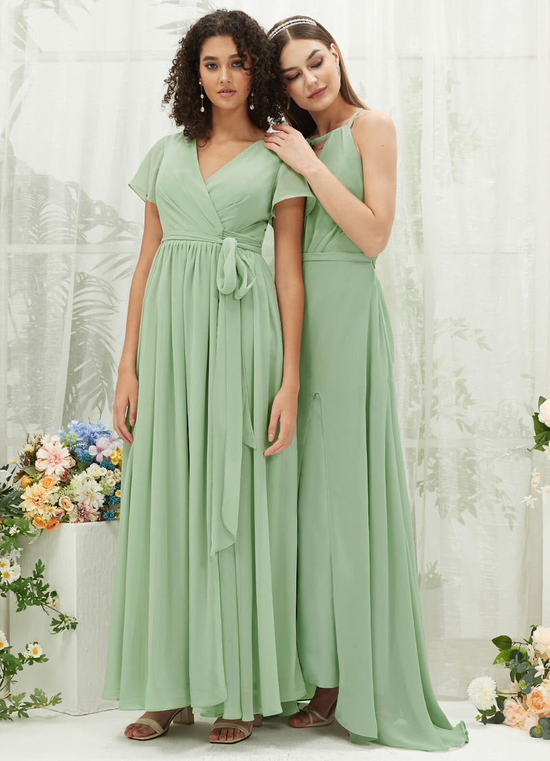Sage Green Chiffon Short Sleeve V-Neck Wrap Pleated Bridesmaid Dress NZ Bridal Sage Green Chiffon Short Sleeve V-Neck Wrap Pleated Bridesmaid Dress NZ Bridal