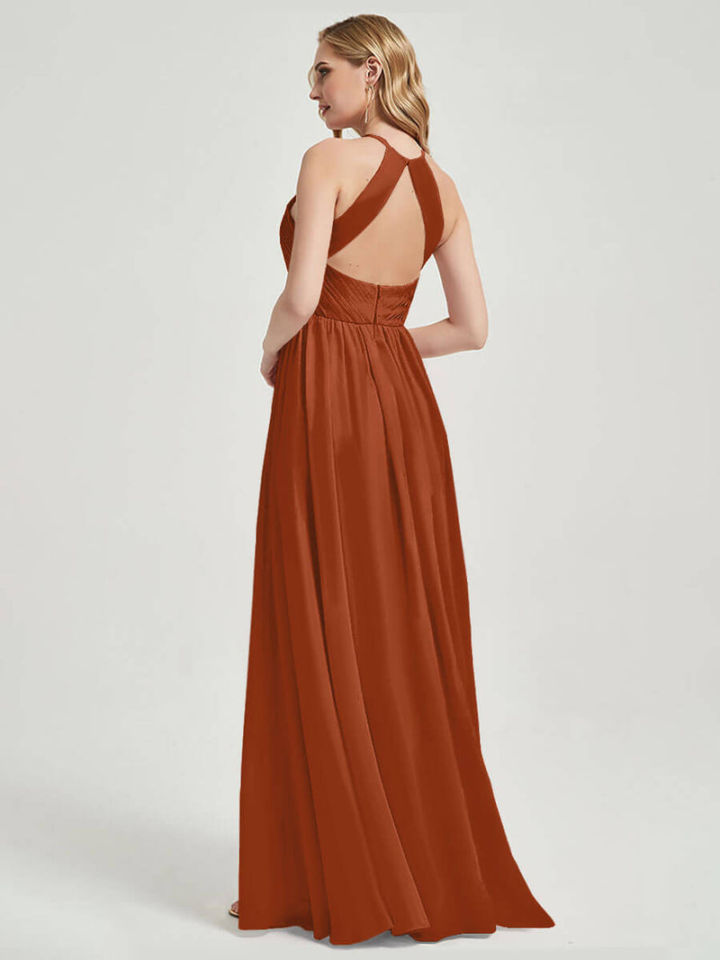 Burnt Orange Halter Pleated Keyhole Back Chiffon Bridesmaid Dress - Mackenzie