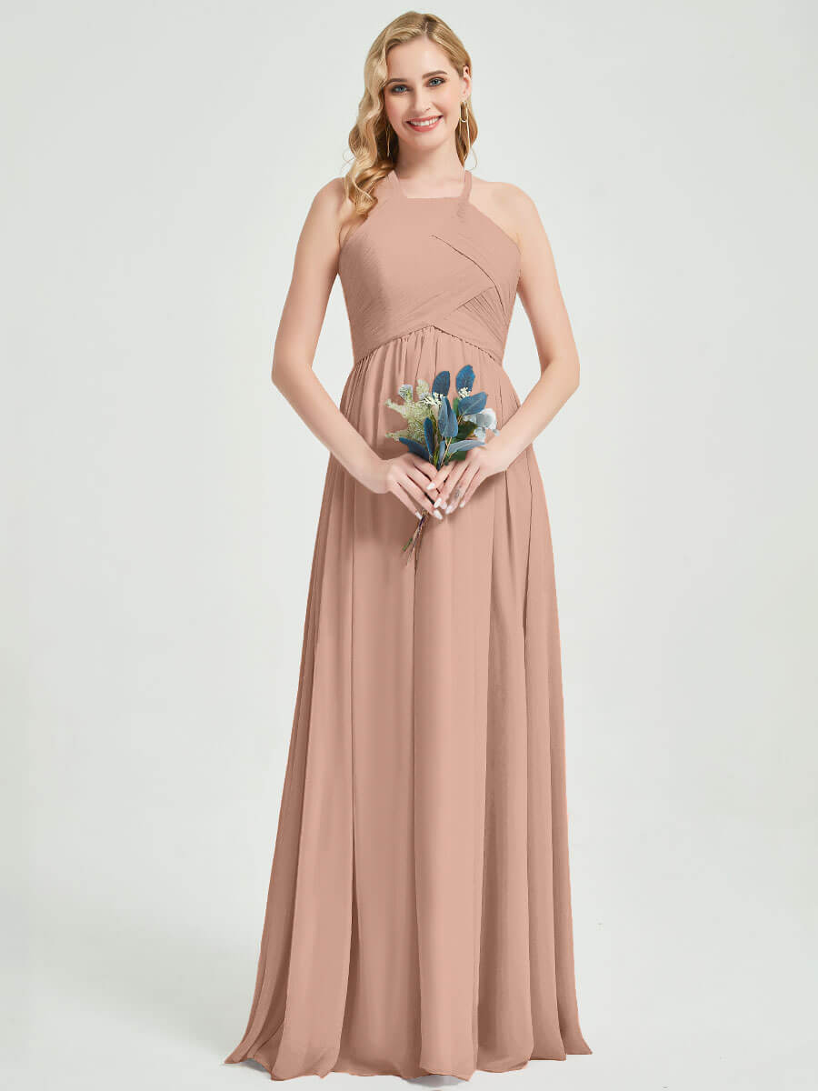 English Rose Halter Pleated Keyhole Back Chiffon Bridesmaid Dress - Mackenzie