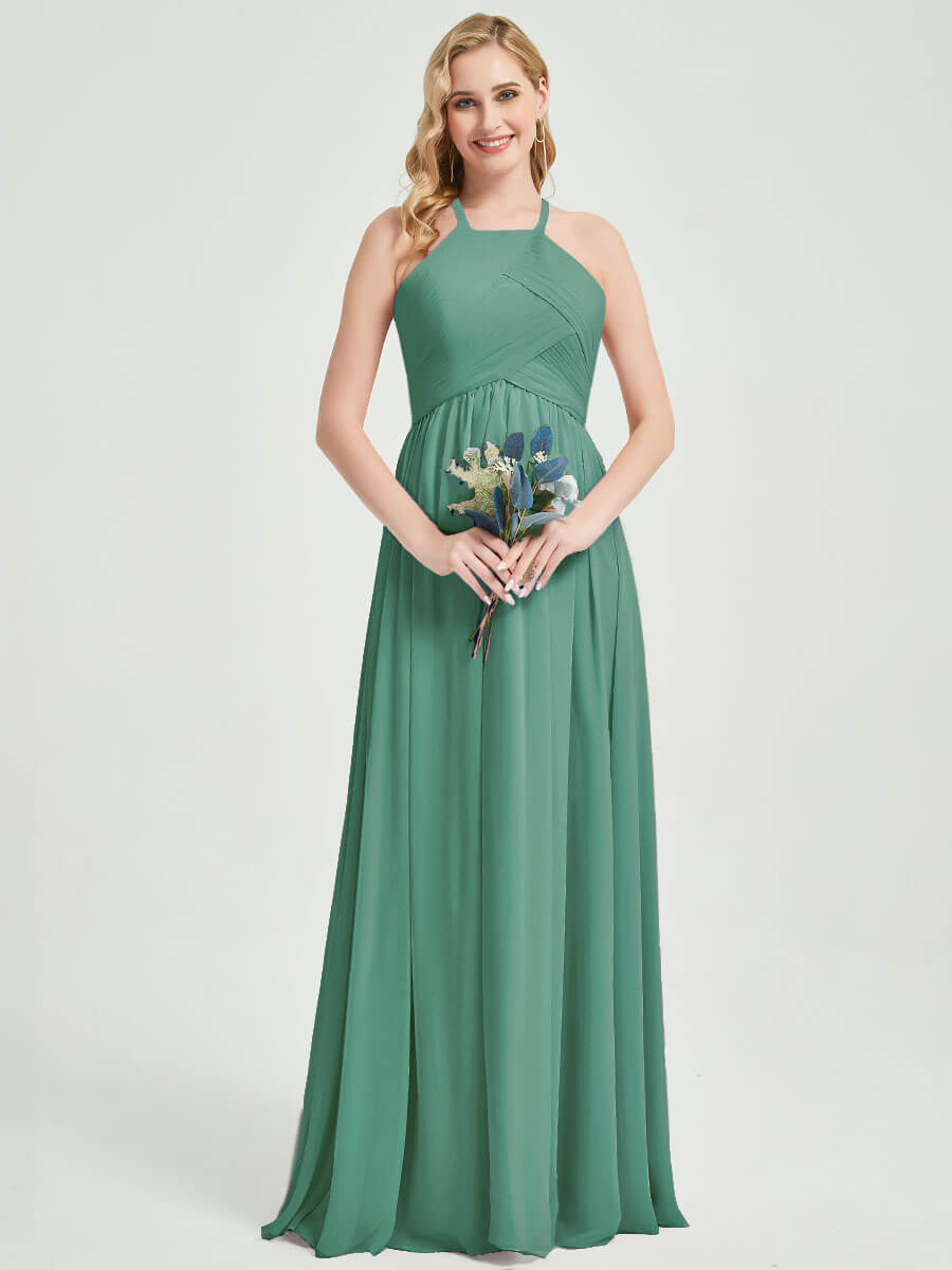 Eucalyptus Halter Pleated Keyhole Back Chiffon Bridesmaid Dress - Mackenzie