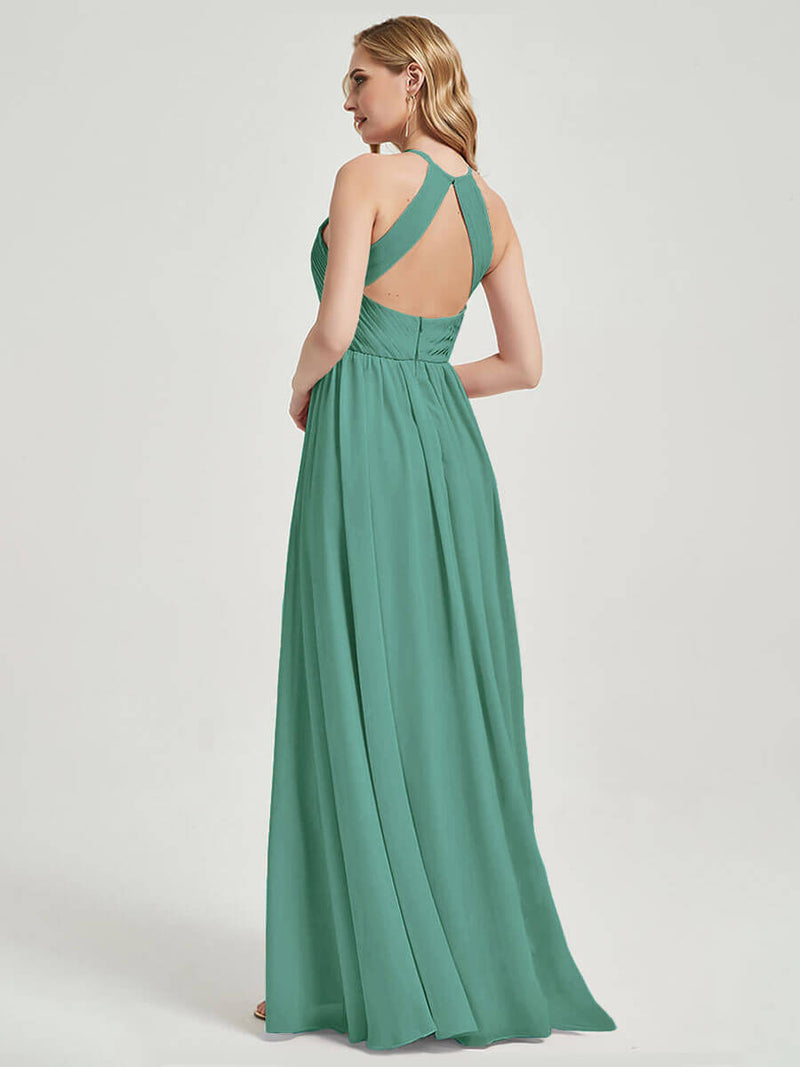 Eucalyptus Halter Pleated Keyhole Back Chiffon Bridesmaid Dress - Mackenzie