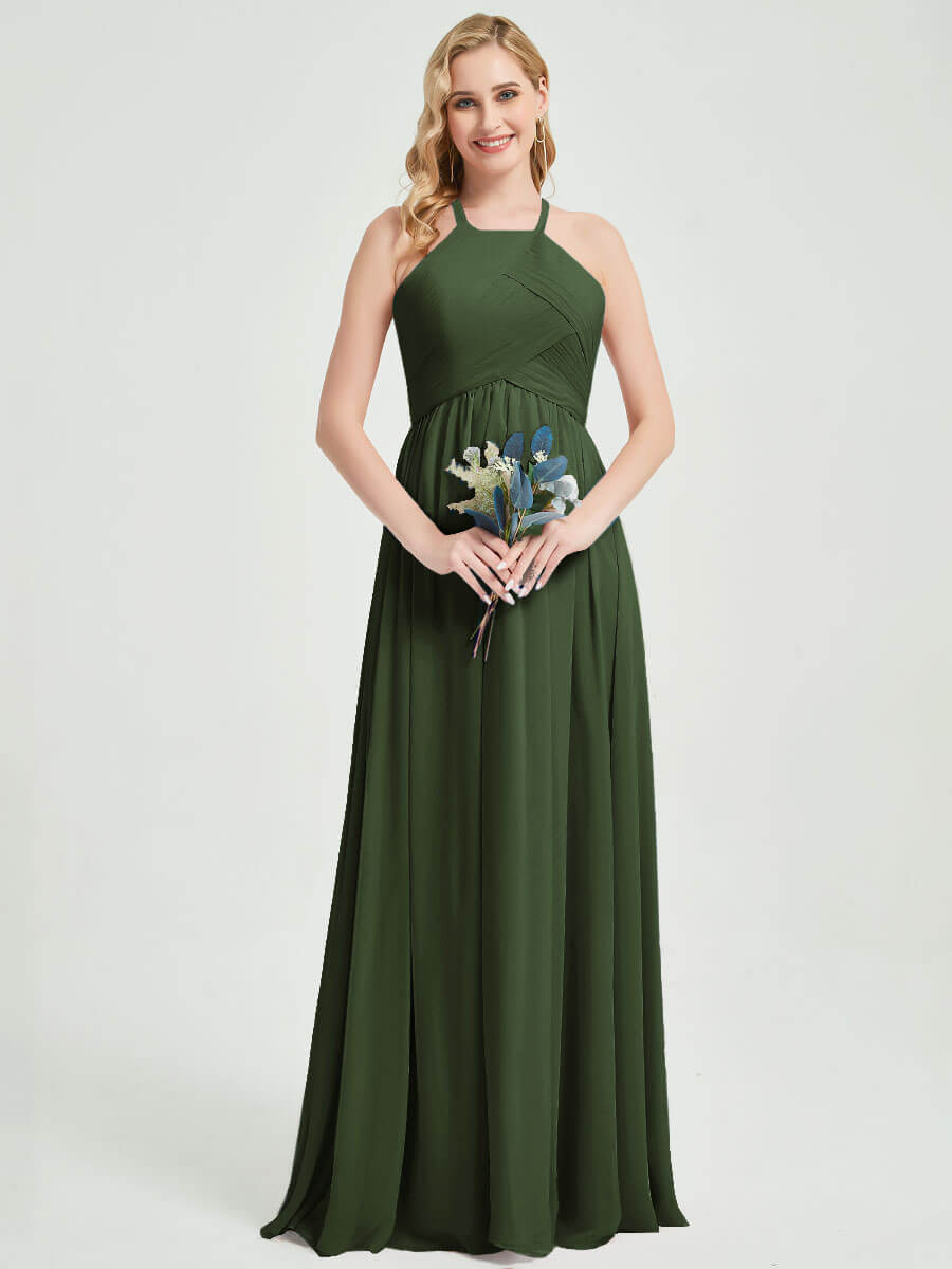 Olive Halter Pleated Keyhole Back Chiffon Bridesmaid Dress - Mackenzie