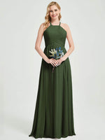 Olive Halter Pleated Keyhole Back Chiffon Bridesmaid Dress - Mackenzie