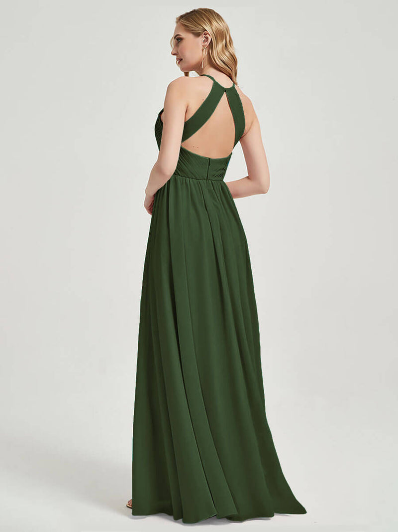 Olive Halter Pleated Keyhole Back Chiffon Bridesmaid Dress - Mackenzie