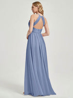 Slate Blue Halter Pleated Keyhole Back Chiffon Bridesmaid Dress - Mackenzie