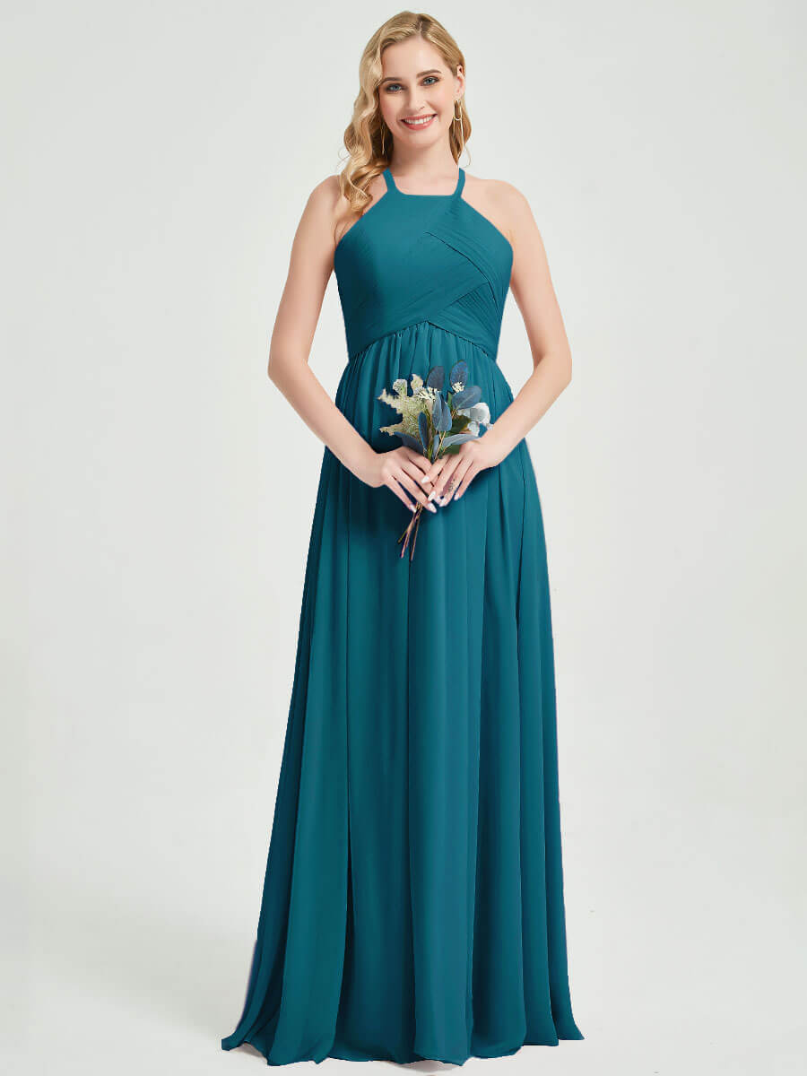 Teal Halter Pleated Keyhole Back Chiffon Bridesmaid Dress - Mackenzie