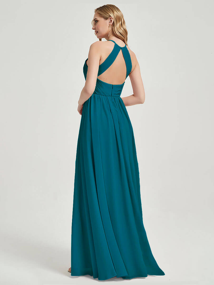 Teal Halter Pleated Keyhole Back Chiffon Bridesmaid Dress - Mackenzie