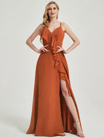 Floor length slit chiffon Fabric with mesmerizing cascading ruffles Bridesmaid Dress