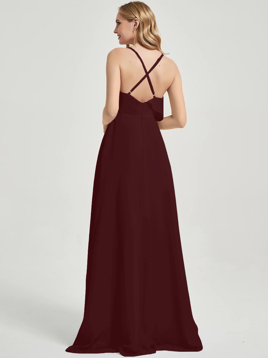 Floor length slit chiffon Fabric Bridesmaid Dress