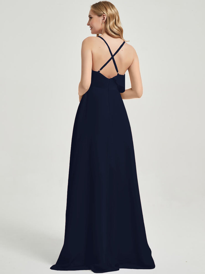 Dark Navy Criss-Cross Straps Ruffles Slit Chiffon Maxi Bridesmaid Dress