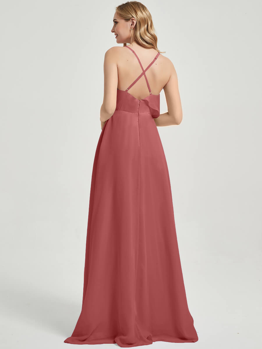Floor length slit chiffon Fabric Bridesmaid Dress