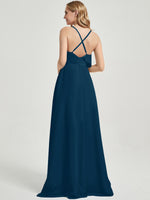 Criss-Cross Straps Ruffles Slit Chiffon Maxi Bridesmaid Dress Ink Blue