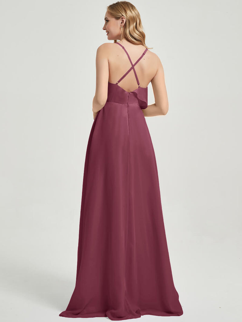 Mulberry Spaghetti Straps Ruffles Slit Chiffon Bridesmaid Dress Paloma