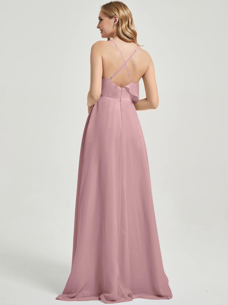 Floor length slit chiffon Fabric Bridesmaid Dress