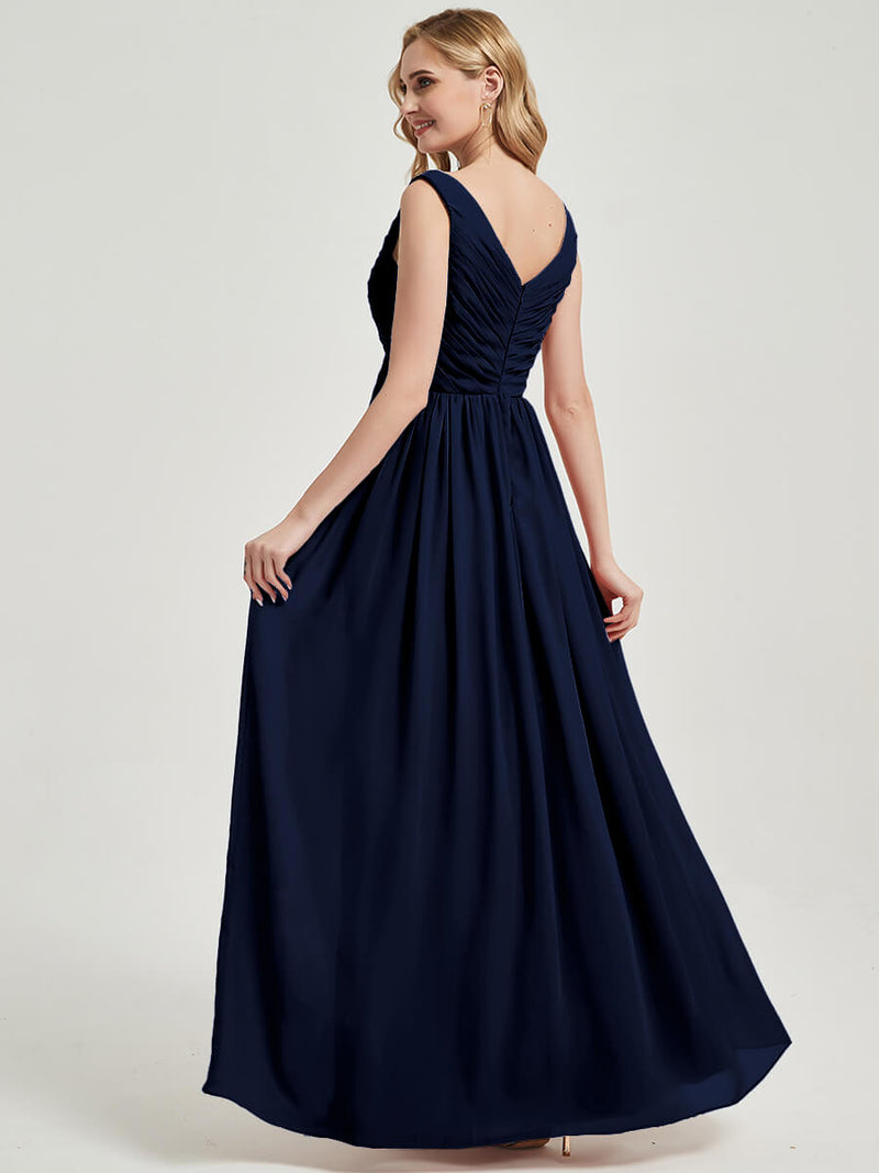 Dark Navy V Neckline Empire Pleated Chiffon Bridesmaid Dress - Zoe
