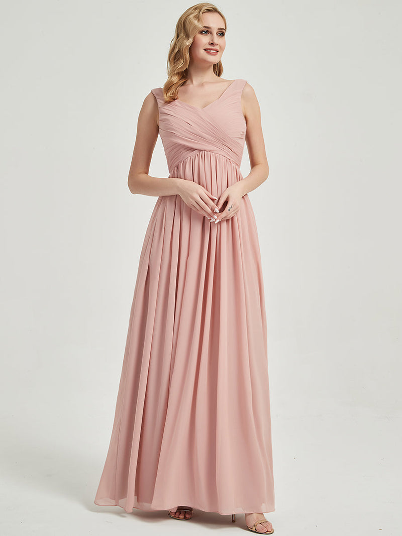 Flattering criss-cross bodice design and extra pleating Bridesmaid Dress