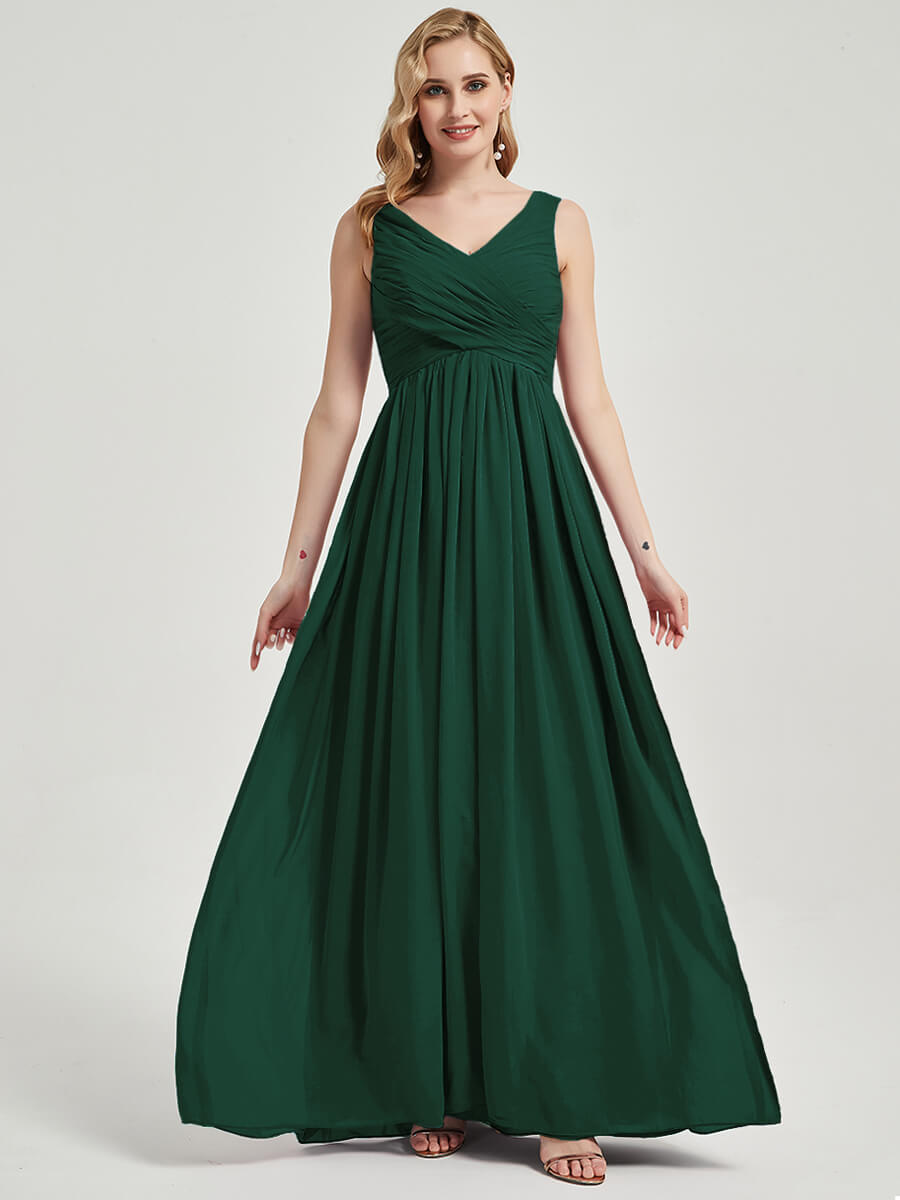 Emerald Green V Neckline Empire Pleated Chiffon Bridesmaid Dress - Zoe