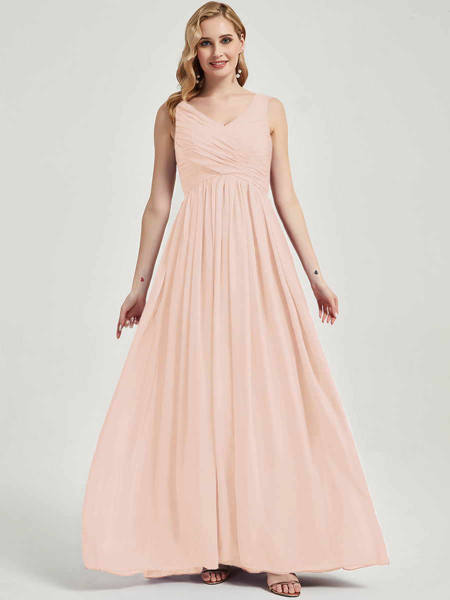 Pearl Pink V Neckline Empire Pleated Chiffon Bridesmaid Dress - Zoe