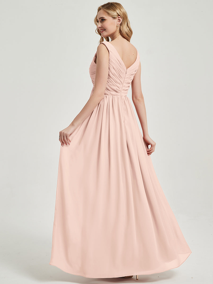 Pearl Pink V Neckline Empire Pleated Chiffon Bridesmaid Dress - Zoe