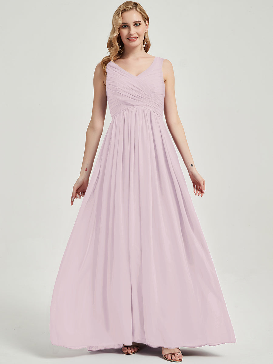 Pale Rose V Neckline Empire Pleated Chiffon Bridesmaid Dress - Zoe