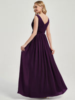 Plum V Neckline Empire Pleated Chiffon Bridesmaid Dress - Zoe