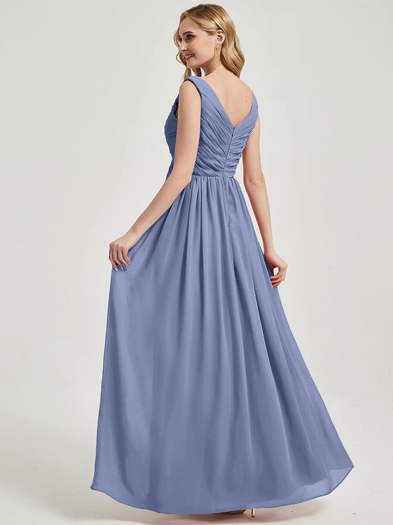 Slate Blue Empire Sleeveless Pleated Chiffon Maxi Bridesmaid Dress