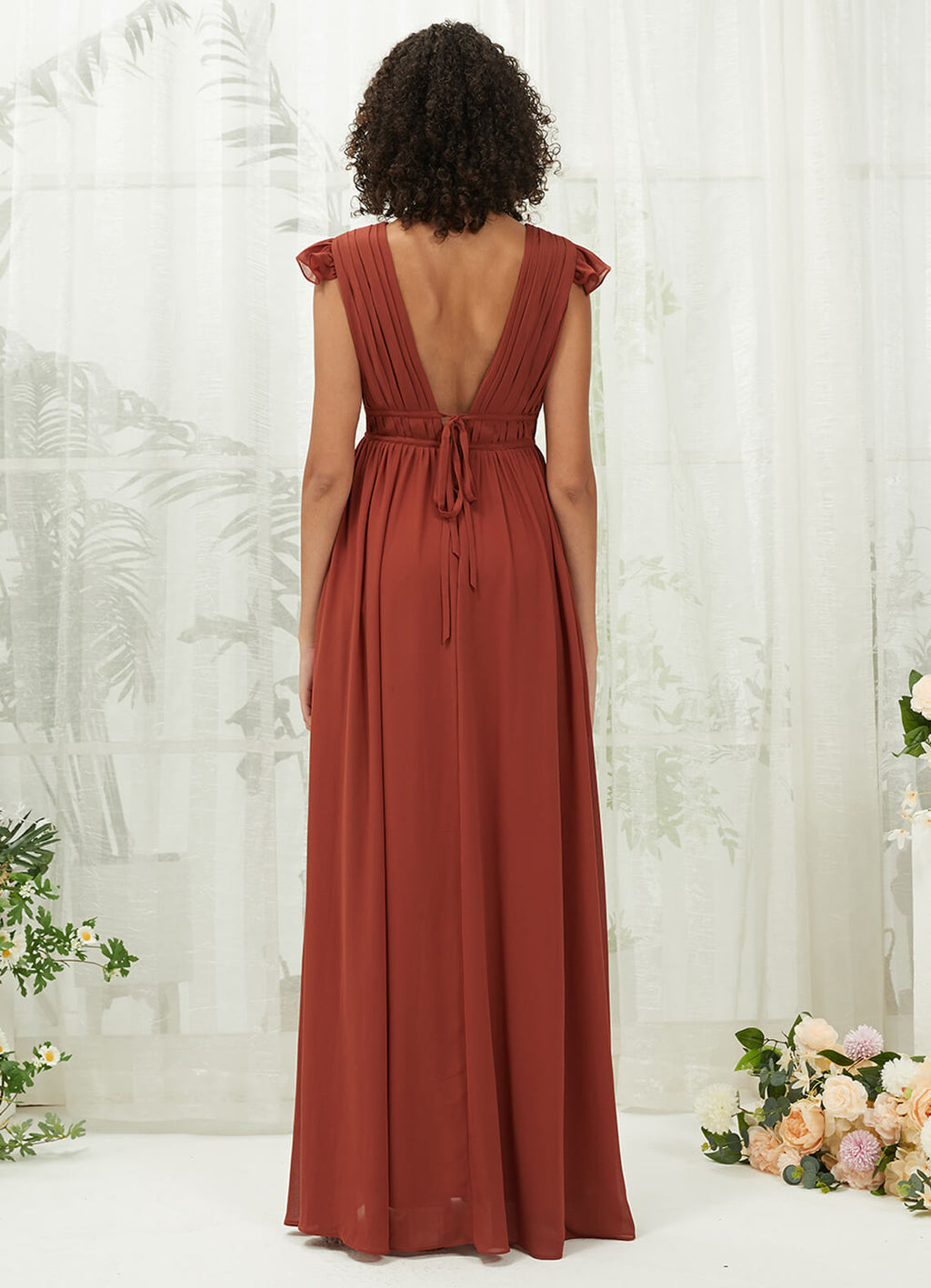 Chiffon Slit Cap Sleeve V Neck Backless Pleated Empire Pocket Bridesmaid Dress Collins