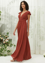 Cinnamon Rose Chiffon Slit Cap Sleeve V Neck Backless Pleated Empire Pocket Floor Length Bridesmaid Dress Collins