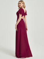 Red Wine Empire Bridesmaid  Dress With Triangular Thaped Cutout Back