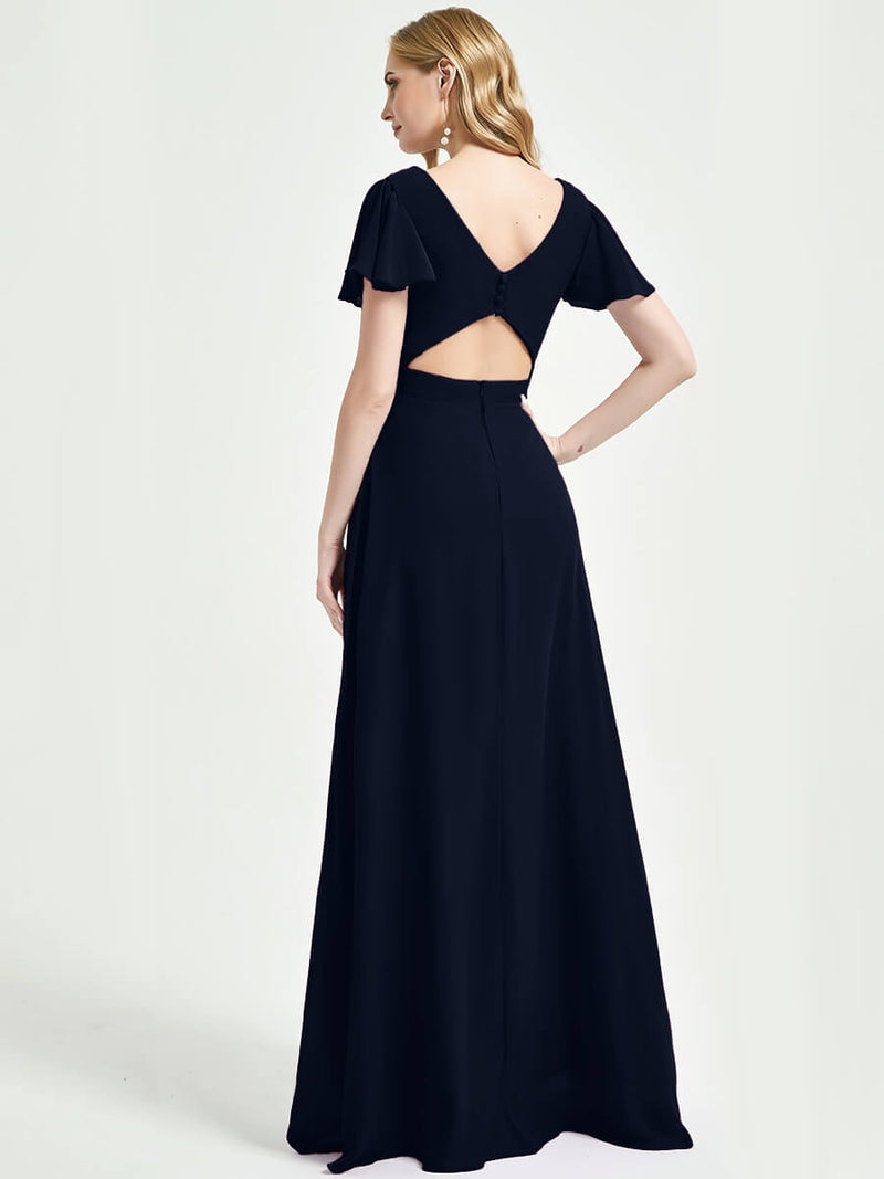 Dark Navy Ruffle Sleeves Backless Maxi Chiffon Empire Bridesmaid Dress