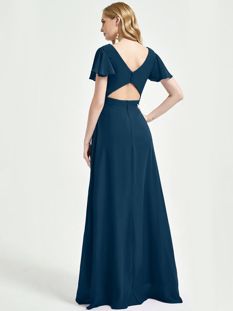 Ink Blue Ruffle Sleeve V-Neck A-Line Chiffon Empire Bridesmaid Dress